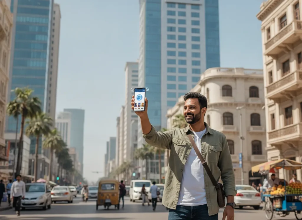 real photo of a traveler using a smartphone
