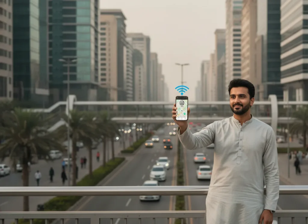 real photo of a traveler using a smartphone